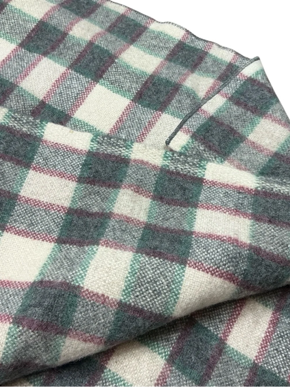Vintage plaid red, cream, green and gray wool blanket 58x67